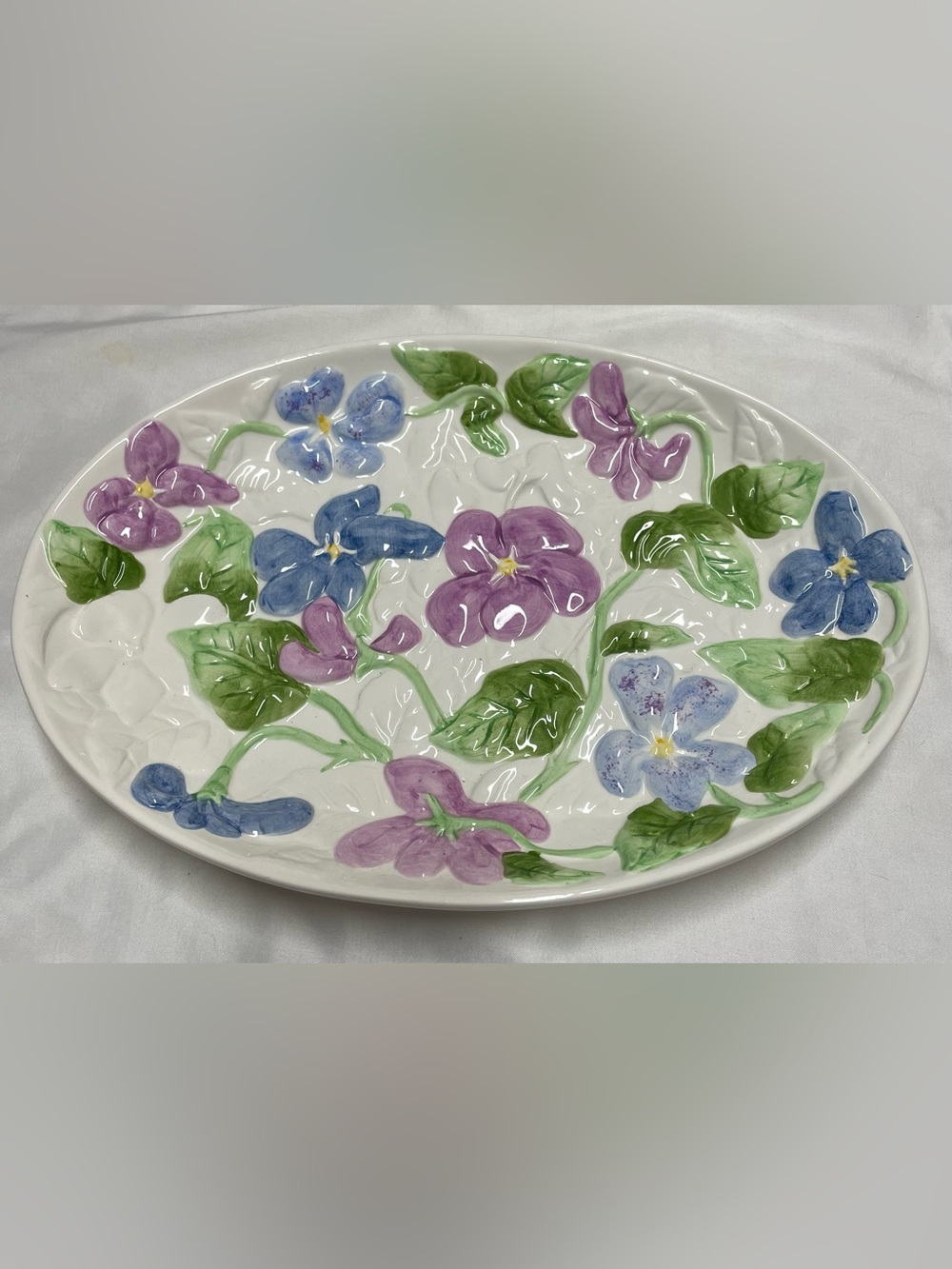 Hand-Painted Floral Ceramic Serving Platter - Purple & Blue